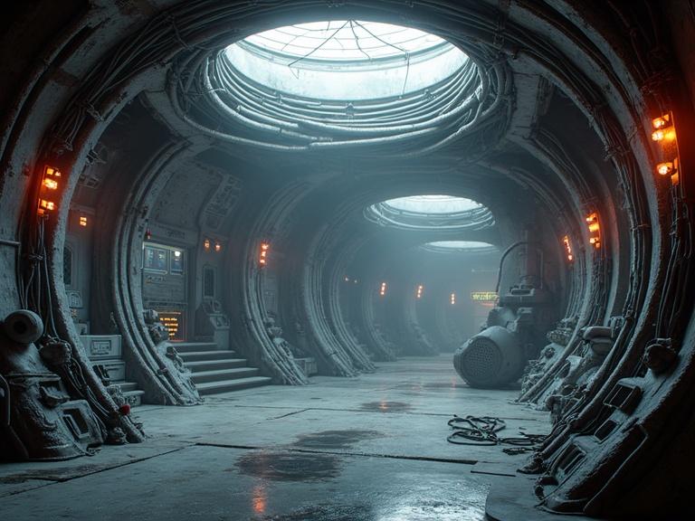 Dark atmospheric cinematic sci-fi alien organic interior. Round bridge with flexible metal pipes. Bio interiors with thick silver wiring. Alien pods and organic oval panels. Steam and reddish orange LED lights.