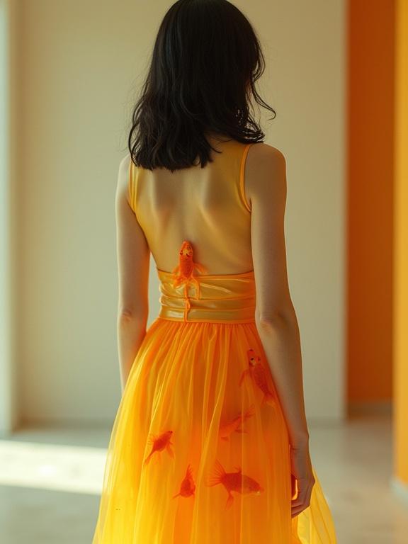 Futuristic surreal scene with figure having dark hair. The figure wears a translucent plastic dress. Goldfish swim inside the dress. The colors are orange and yellow with muted tones. The atmosphere feels ethereal with soft lighting and glossy textures. The setting is indoors with a contemporary futuristic feel. It balances subtle colors against vibrant fish.