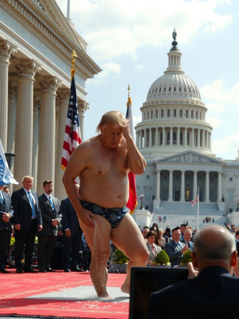 A person in a swimsuit striking a pose on a stage in front of the US Capitol building amidst a formal gathering.