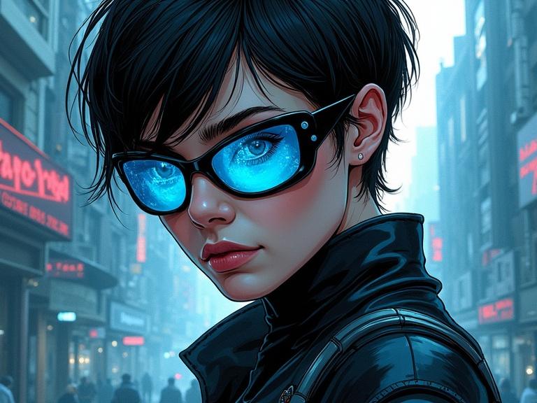 Close up portrait of a character in a black and blue futuristic uniform. The character wears transparent holographic shades. The backdrop is a rundown cityscape reminiscent of cyberpunk. The illustration is stylized and has a gritty mood with flowing forms and expressive ink lines. The focus is on mood and texture to evoke a sense of futurism.