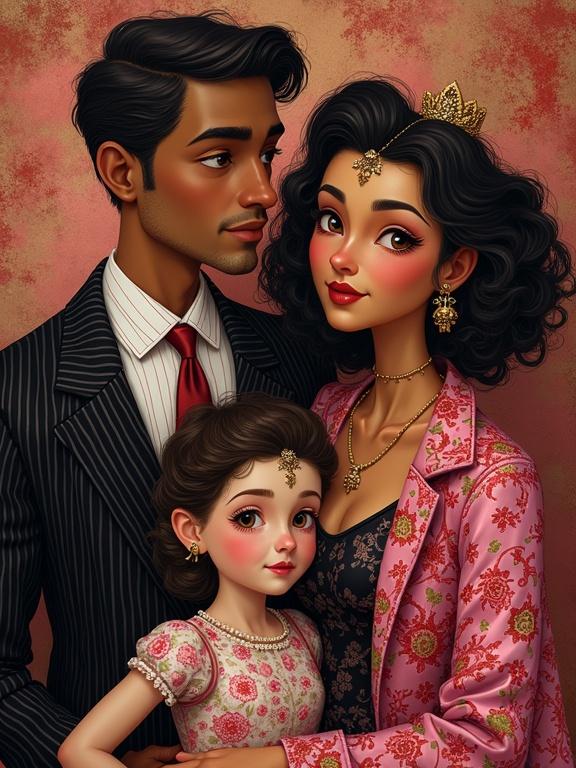 Disney style portrait of a family in eccentric attire. Shades of pink and black dominate the clothing. The family displays intricate patterns. The background features brown and red tones with lyrical abstraction reminiscent of the Harlem Renaissance. Hyper-detailed in the style of Kandinsky and Studio Ghibli, with Gustav Klimt's influence in whimsical portrayal.