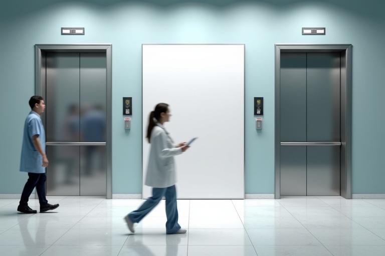 Scene featuring two elevators with a blank mockup board in the middle. One elevator door is open while the other is closed. Two doctors are walking by, slightly out of focus. Bright lighting enhances the detail of the environment. The image captures a realistic interior setting in a hospital or medical facility.