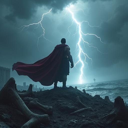 Zeus stands on a ruined battlefield. Crumbling statues surround him. Giant bones are visible. A storm rages with lightning and dark clouds. Titans rise from the sea. His cape flaps in the wind. The image is from a low angle. Zeus holds a thunderbolt, slamming it into the ground. A shockwave cracks the earth.
