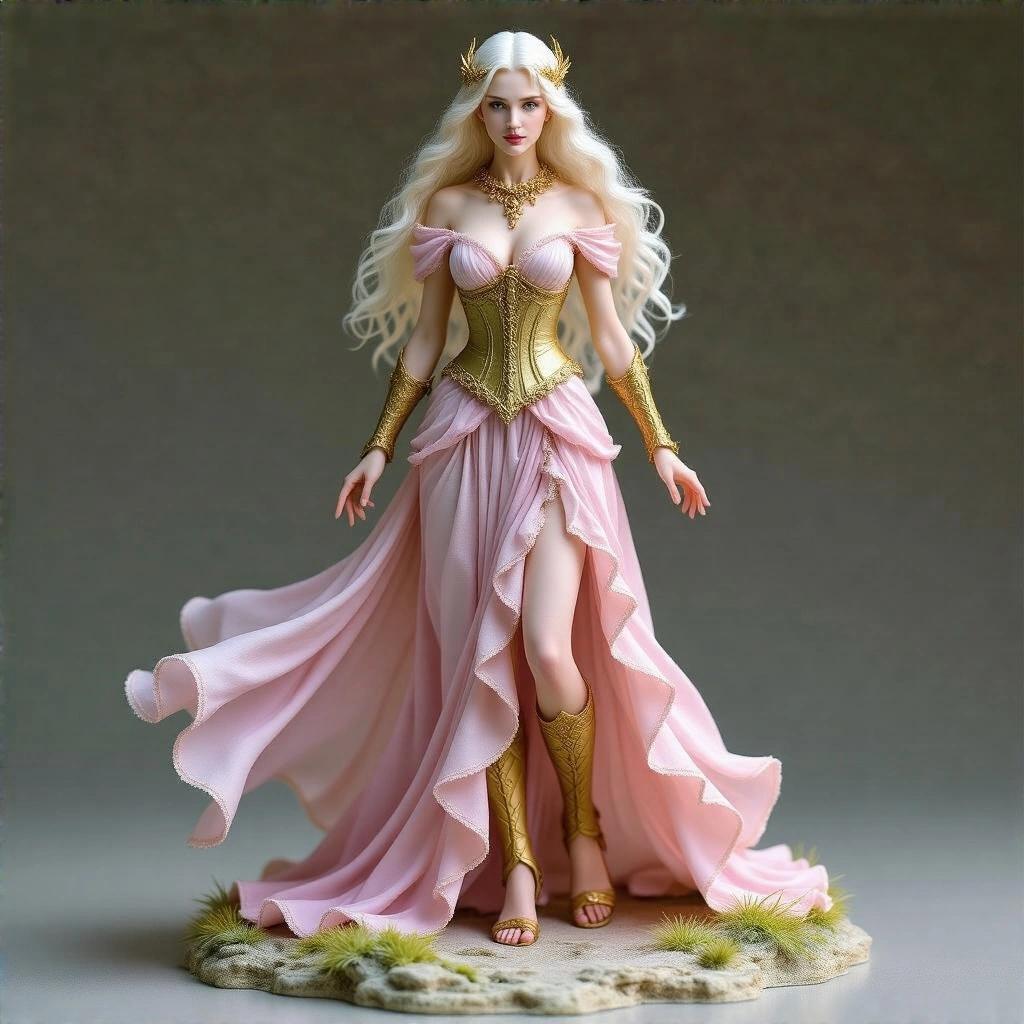 Highly detailed resin sculpture of a goddess inspired by Virgo. Woman with alabaster skin and white hair. Light pink princess dress with ruffles. Gold metal corset and jewelry. Posed as a sorceress queen casting magic. Elegant expression. Base made of flower petals.