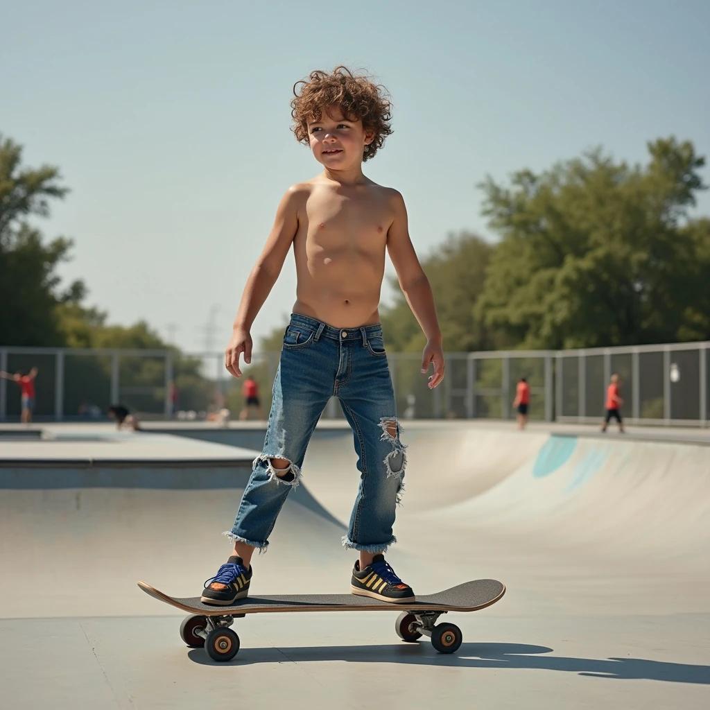 A boy skateboards at a park. He has curly hair and wears frayed jeans. The scene is lively and sunny. Other children are in the background. He stands confidently on the skateboard.