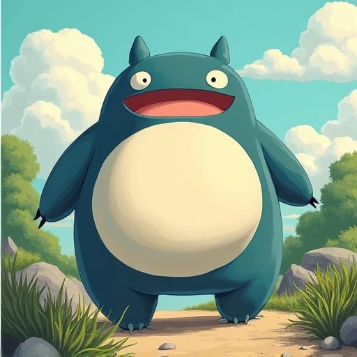 Snorlax character in a vibrant outdoor setting. Character has a round body with a large smiling face. Background features trees and a clear sky.