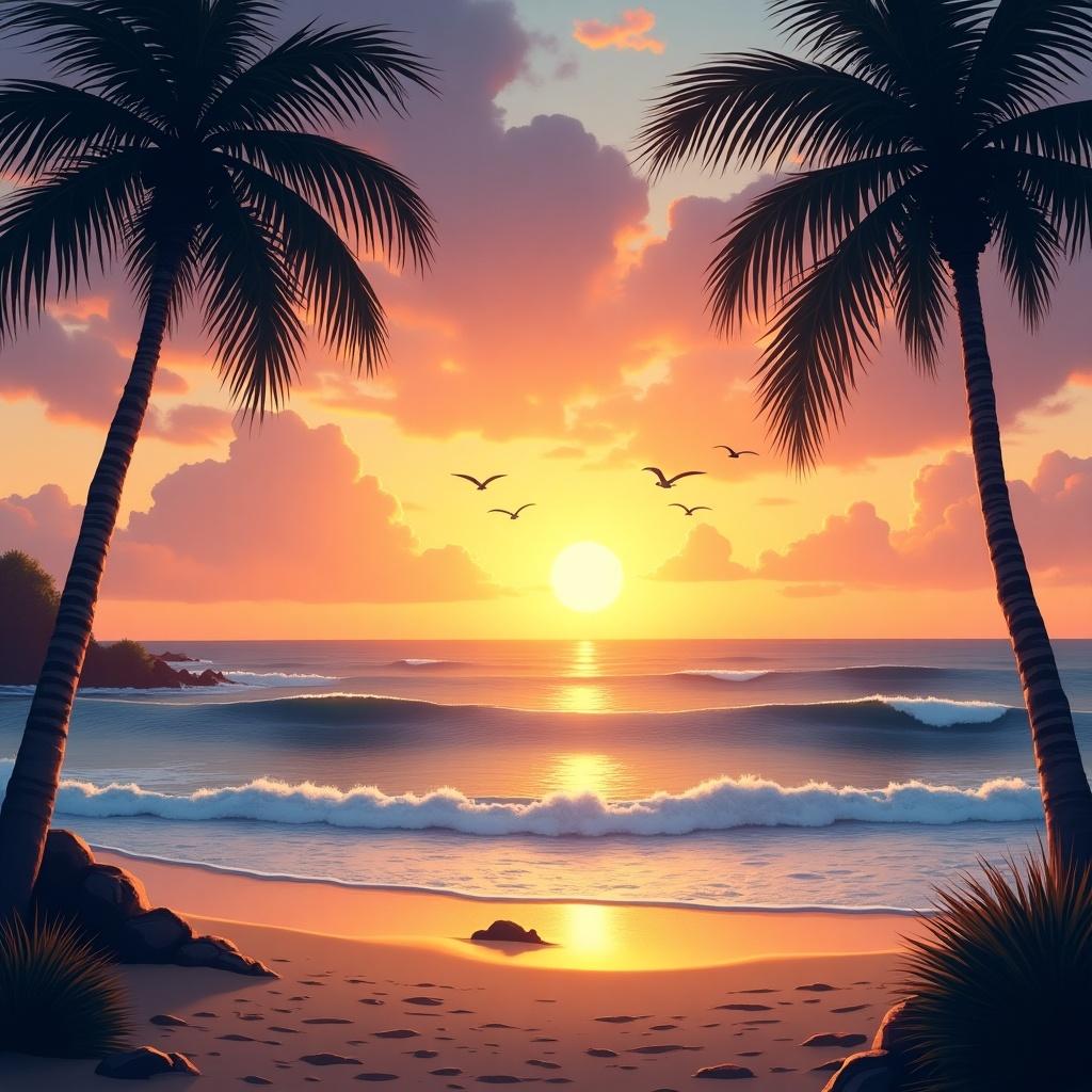 This image features a stunning tropical sunset. The sun is setting on the horizon, casting warm orange and pink hues across the sky. Palm trees frame the scene on either side, adding to the tropical vibe. Gentle waves can be seen rolling onto a sandy beach. In the background, distant clouds reflect the colors of the sunset, while birds gracefully fly across the sky. It's a perfect representation of a serene beach atmosphere, ideal for relaxation and escape.