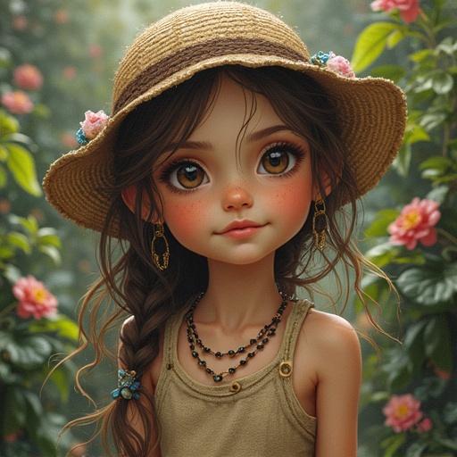 A young girl with a charming expression. She has a large straw hat adorned with flowers. Warm sunlight creates a soft glow. The background is filled with greenery and blooming flowers. Her accessories and details are highlighted.