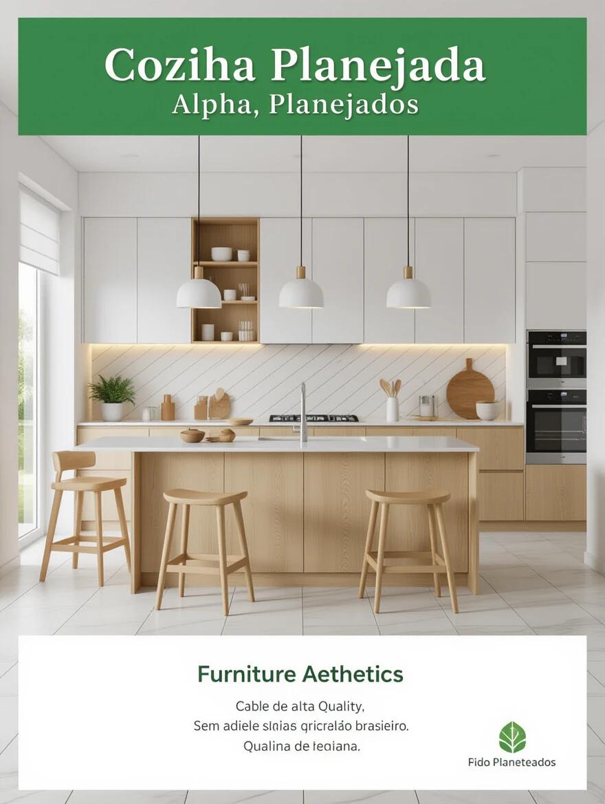 Cozinha planejada Alpha Planejados, design moderno e minimalista. Foco em marcenaria de qualidade. Espaço amplo e bem iluminado. Elementos decorativos estratégicos. Composição artística com ângulo amplo.