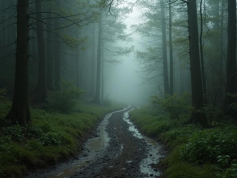 Muddy trail thrives alongside dense misty forest. Photographic style merges realism with romanticism.