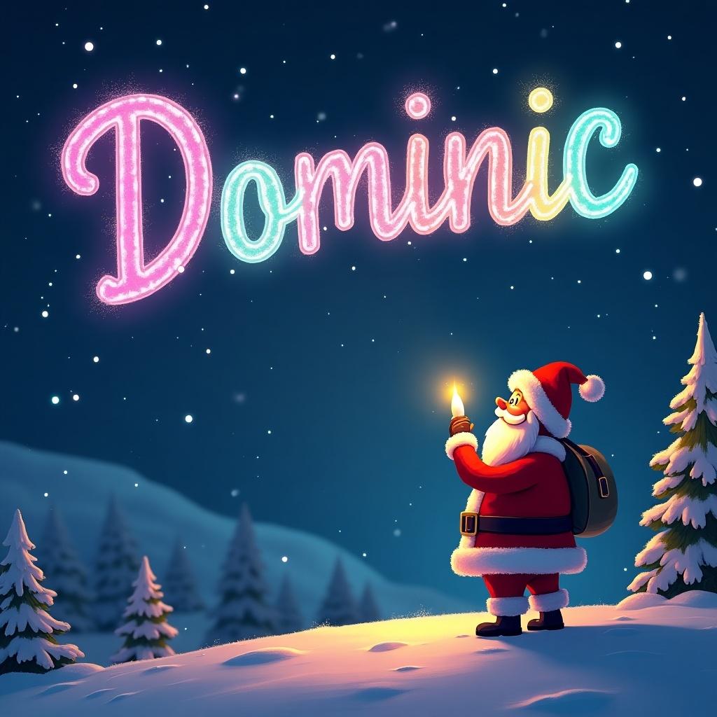 Santa Claus writes the name Dominic in colorful lights in the night sky. The scene has a snowy environment and Santa looks joyful with a candle in hand.