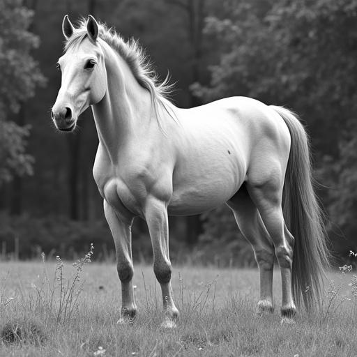 Image resembling overhead thermal surveillance camera footage. High angle view of a horse standing in a field. Depict areas of heat in white and cooler areas in black.