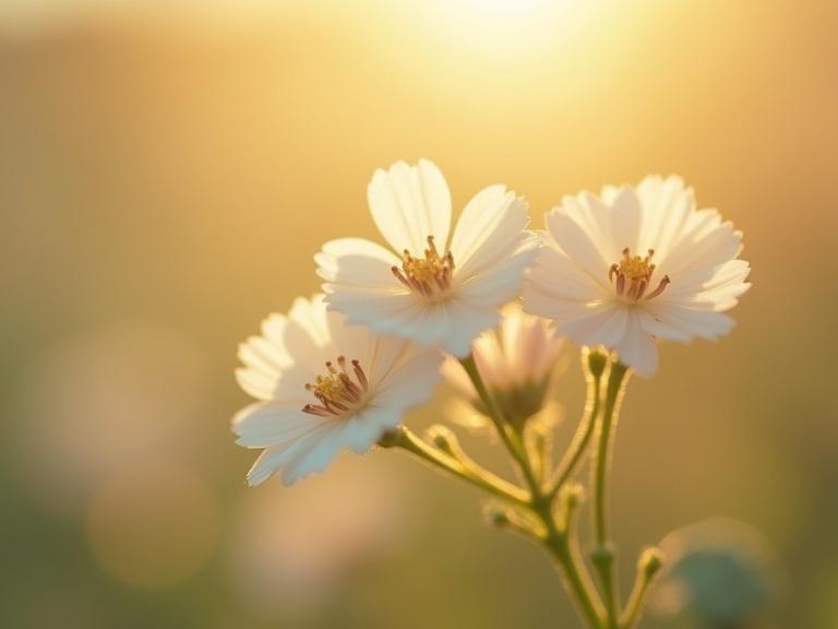 Macro shot of a gypsophila cluster. One flower is in sharp focus. Background is soft bokeh with golden haze. Ethereal glow from backlighting. Pastel colors with creamy highlights. Film grain effect in a cinematic style.
