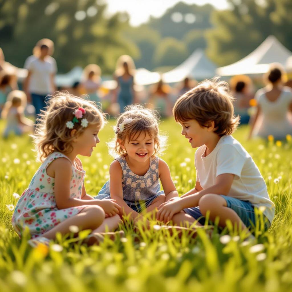 Photorealistic image shows children aged 5 to 11 playing on a sunny meadow. Background features a festival atmosphere with people. Medium shot uses a dutch angle.
