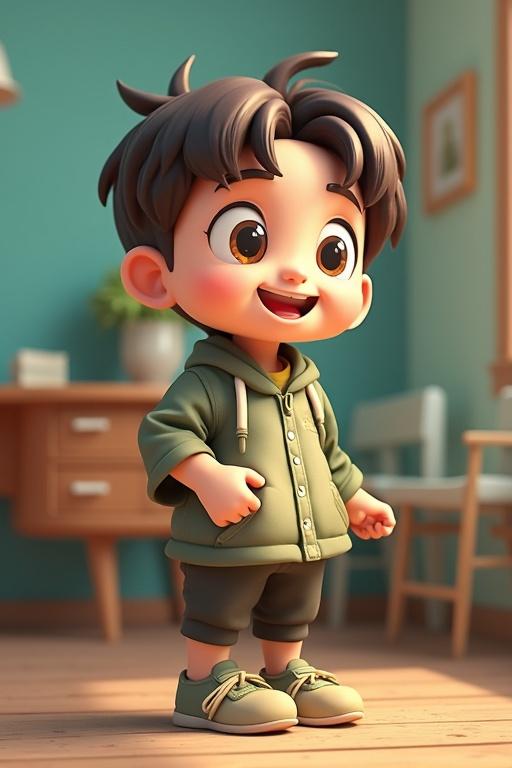 3D animated character in a cozy workspace with warm colors. Cute boy with big eyes and casual clothes. Background features a desk and seating.