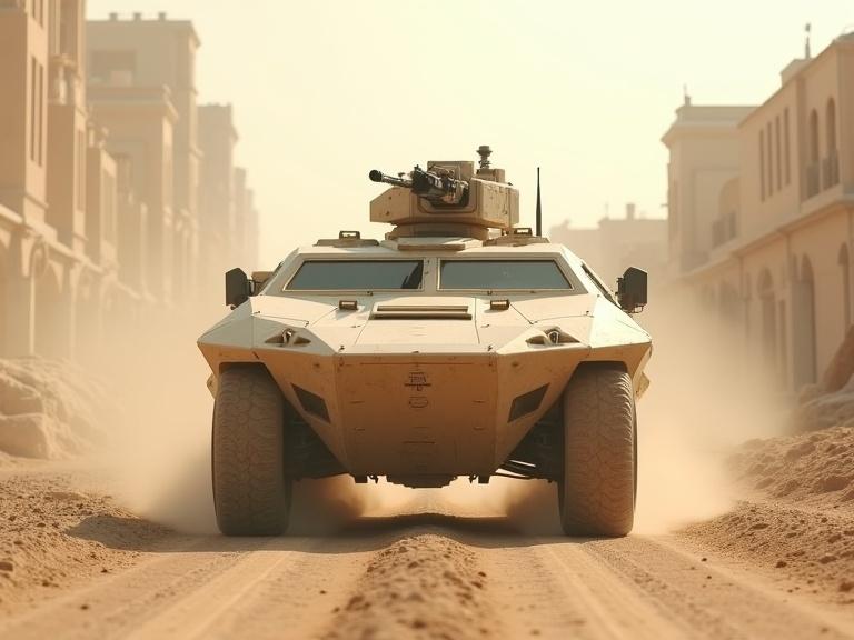 Image of a beige polygonal military APC in a sunlit desert stone city. Vehicle with mounted gun in focus. Dust rising around the vehicle. Realistic details and textures visible.