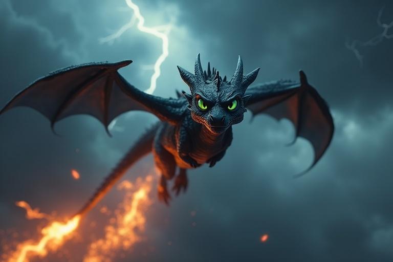 A sleek black dragon with glowing green eyes soaring through a stormy sky with dark clouds and lightning. The dragon has one torn wing and spits bursts of orange fire. Colors include midnight blue and soft orange, with realistic fire and smoke effects in ultra-HD 4K.