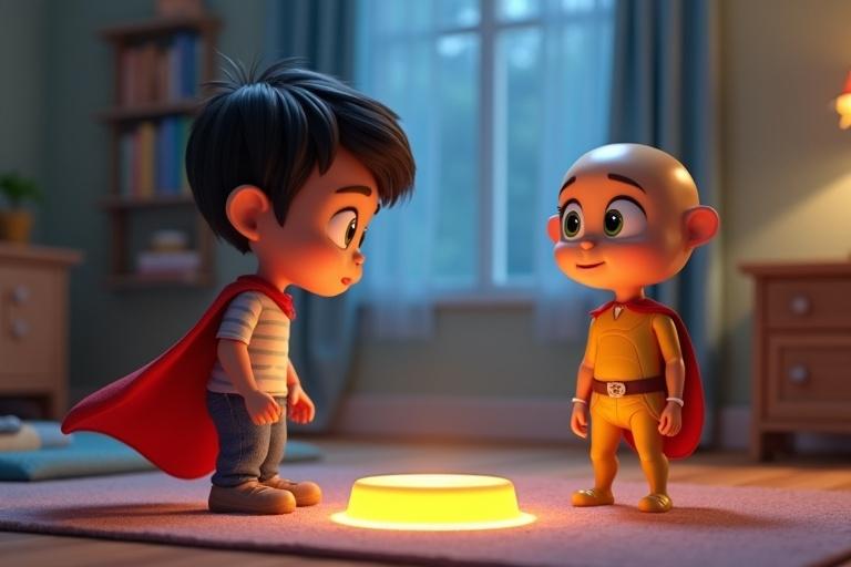 A boy plays happily with a glowing character in his bedroom. The boy wears a red cape. Another character stands in the background looking sad. Bright daylight colors are used with soft tones for the background. The bedroom is designed for a child.