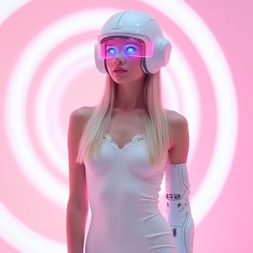 Full body photograph of a young woman with a futuristic aesthetic. Long platinum blonde hair cascades over shoulders. Fair skin with delicate features and a serene expression. She wears a fitted white sleeveless dress with lace details. Left arm replaced with a high-tech robotic prosthesis in white with pink LED accents. Helmet with translucent visor showing digital interface. Background features soft pink gradient with circular neon light. The style mixes cyberpunk and futuristic fashion with high detail and polished finish.