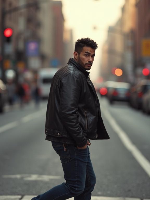 A handsome Latino man walks at the end of a busy street. He looks back towards the camera. His expression shows fear. The scene is photorealistic with vibrant city life.