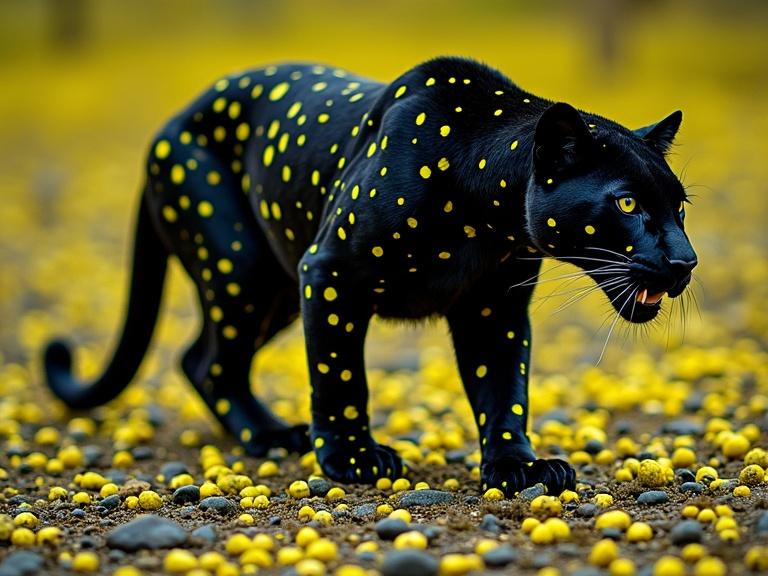 A black panther moves cautiously. Yellow polka dots stand out on its fur. The ground is covered in yellow spherical shapes. The background is blurred with bright colors.