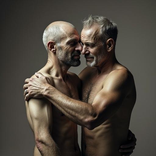 Close-up image of two elderly men standing topless embracing each other. The scene captures a moment of closeness and intimacy between them.