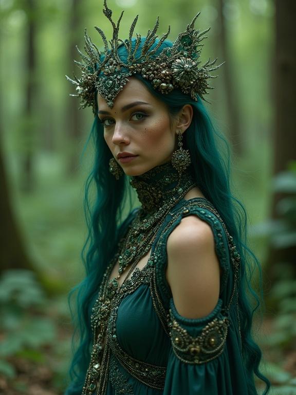 Portrait of a bejeweled sorceress in the forest. She has jade hair and intricate jewelry. The atmosphere is vibrant and magical. The image reflects folk art design elements.