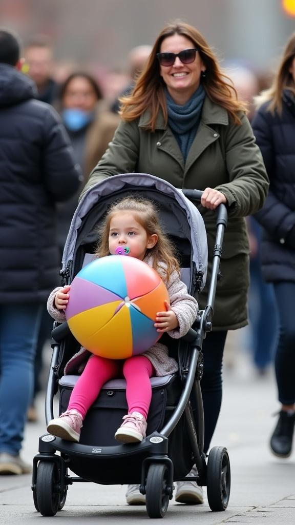 Mother walks with daughter in stroller among crowd. Scene captures family outing. Mother casually dressed. Daughter in pink leggings and jacket. Child holds pacifier and colorful ball rattle. Crowd appears lively and engaged. Scene suggests warmth and family bonding.