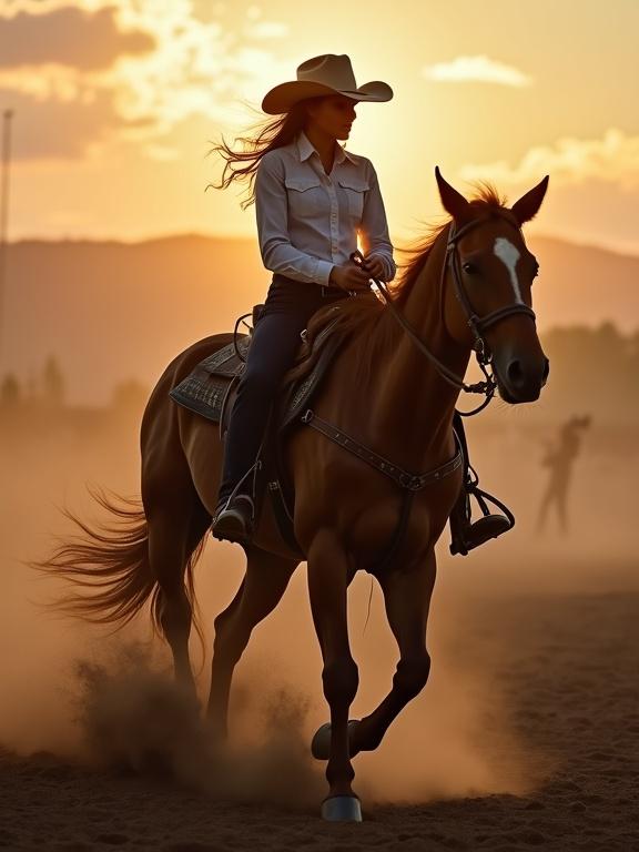 A cowgirl riding a horse in a dramatic sunset scene. The golden light creates an ethereal ambiance. Dust rises from the ground as they move forward. The image exudes a sense of adventure and freedom.