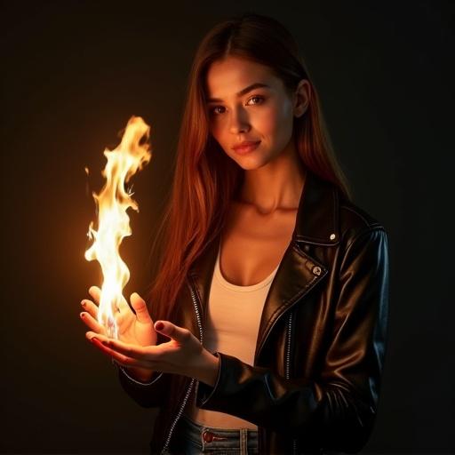 Realistic image of a young woman with tan skin and long dark brownish red hair. She wears a black leather jacket and blue jeans. She demonstrates flaming kinesis with flames forming in her hands. The background is dark while flames illuminate her face. The image includes glowing effects and burning embers.