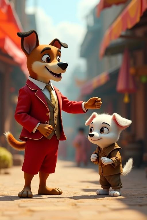Scene features a wealthy puppy in a flashy red suit standing on two legs. He mocks Tuku, a small white puppy in tattered clothes. Background has colorful market stalls and other anthropomorphic animals wearing vibrant outfits. Set in a lively village street with a cinematic style.
