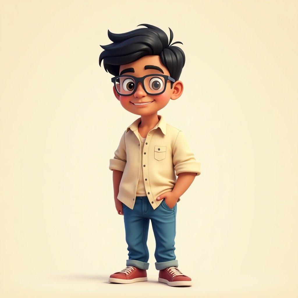 Young animated boy with black hair, transparent glasses, casual outfit. Light beige shirt, blue jeans, confident pose. Friendly smile, soft background.