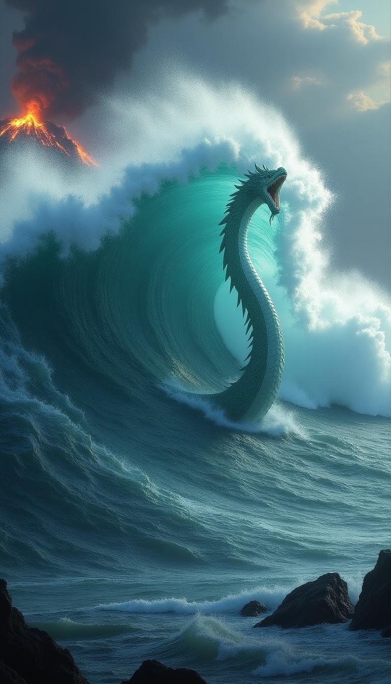 Create highly realistic scene of massive tsunami wave crashing toward coastline with giant translucent serpent-like creature in wave. Serpent resembles colossal sea serpent, immense and fluid, body blending with water. Form partially visible through wave, scales shimmering with transparency. Creature moves with wave, long body coiling and undulating. Serpent color is watery hue, gives ethereal appearance, intertwining with powerful wave. Sky above is dark and stormy, smoke and ash from volcanic eruption, adding to overwhelming atmosphere. Combination of giant serpent and tsunami creates stunning surreal vision of nature's terrifying beauty.