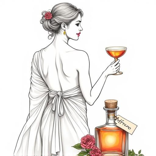 Highly detailed line art of a friendly venus goddess in mid-thirties from behind offering a toast with a small cocktail glass. She wears a lush translucent silk wrap and has a flower behind her ear. Golden-reddish lips, looking over her shoulder. One line art, minimalistic, white background. An apothecary bottle nearby radiating a golden glow with the name 'ALFRUNO'. Surrounded by roses and green herbs.