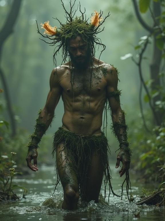 A primordial prince emerges from a swamp splashing his shorts. His skin is covered in moss and mud. He wears jewelry made from roots and fungi. Mist fills the air with the sounds of creatures. The image is grainy and has a vintage style, with surreal elements.