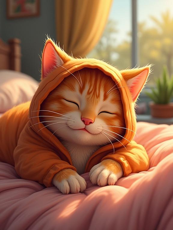 Crayon style orange tabby cat in hoodie lying on messy bed with soft blanket. Content sleepy expression. Warm afternoon light coming through window. Pixar-style soft shading in cozy bedroom environment.