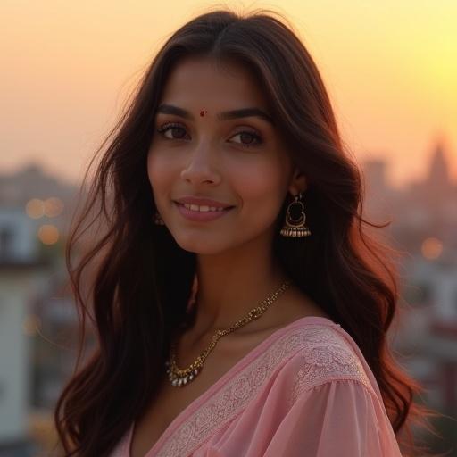 Capture a beautiful Bengali girl on a rooftop at sunset. She has long silky hair and deep brown eyes. Dressed in a pastel pink saree with gold earrings. Gentle mysterious smile. Background has glowing fairy lights. Aura is peaceful and romantic.