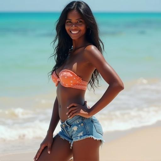 Indian woman at the beach wearing a bandeau top and denim shorts. The skin is dark and she is smiling. Hand placed on the hip. The background features ocean and sand.