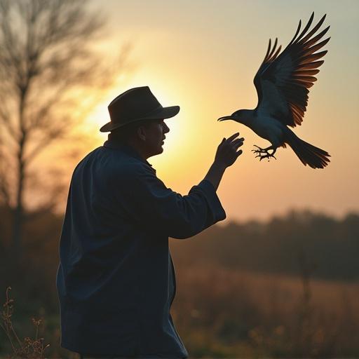 A silhouette of a man with a hat reaching towards a bird in flight during sunset. The background shows a scenic landscape.