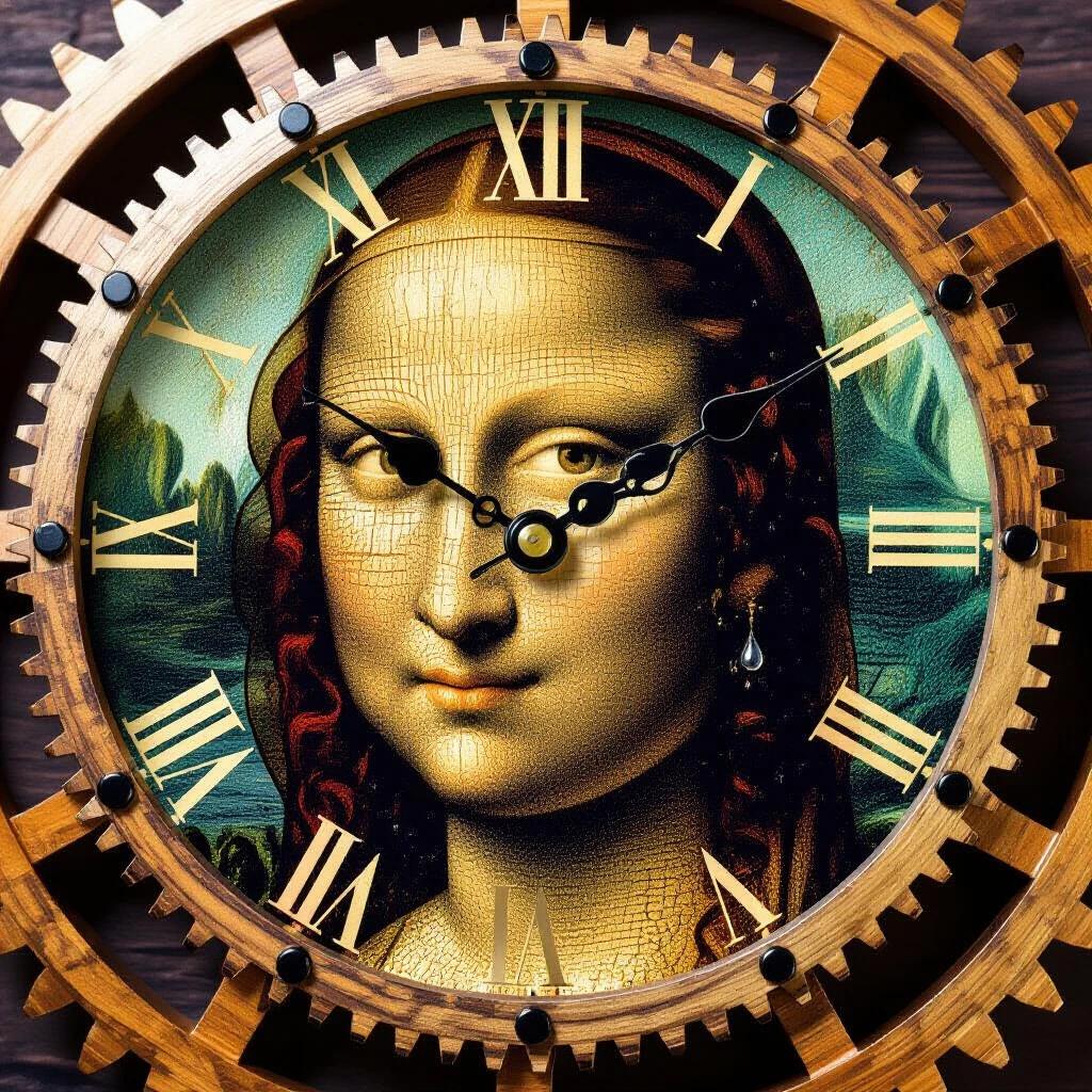Aged wooden gears and cogs create a clock. The clock features a pocket watch design influenced by Renaissance art. The artwork is rendered in high resolution.