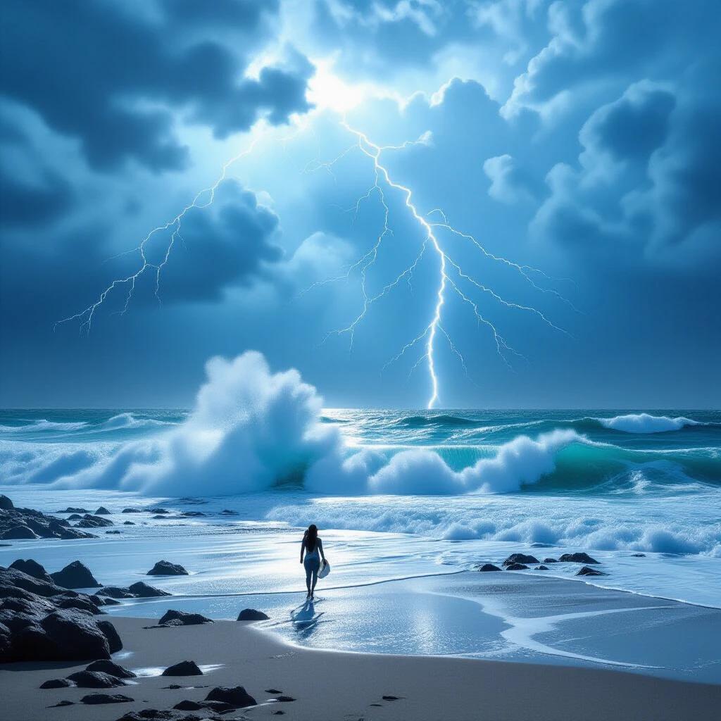 Movement towards a stormy sea with thunder and lightning. A person walks along the beach carrying a surfboard as waves crash.