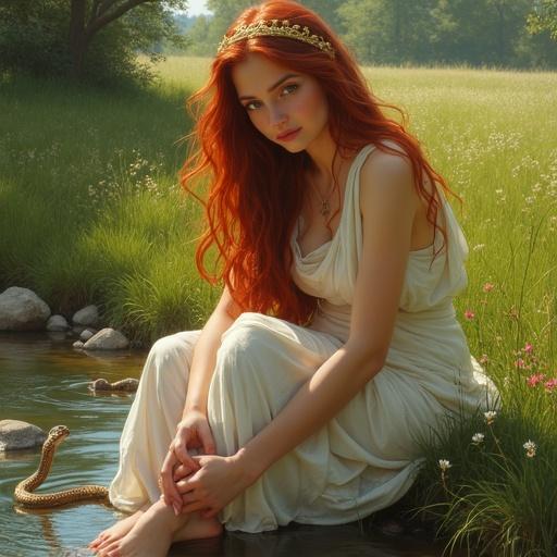 A young woman has flowing red hair and a gold band. She sits by a stream in a white cloth. A small snake coils around her ankle. The setting is a lush green meadow with wildflowers and trees in the background.
