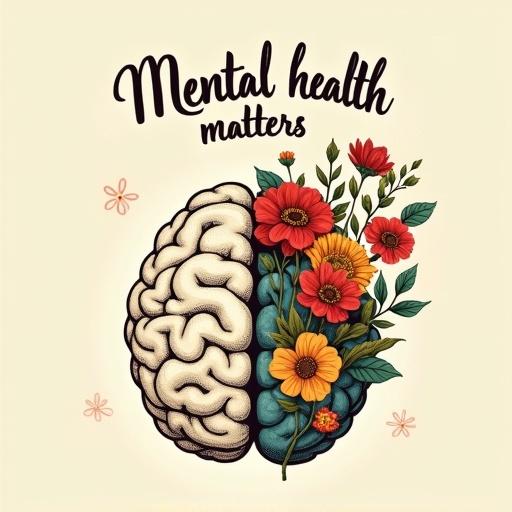 Vector illustration shows a human brain split in half. The left side features vintage hand-drawn textures. The right side is filled with colorful flowers. The phrase 'Mental health matters' is prominently displayed in flowing script above. The background is light cream with no patterns.
