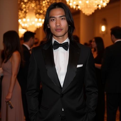 Asian man with long straight hair attending a formal party. Formal wear includes a black tuxedo and bow tie. Ambient lighting creates a sophisticated atmosphere filled with chandeliers. Scene captures the elegance of a gala event.