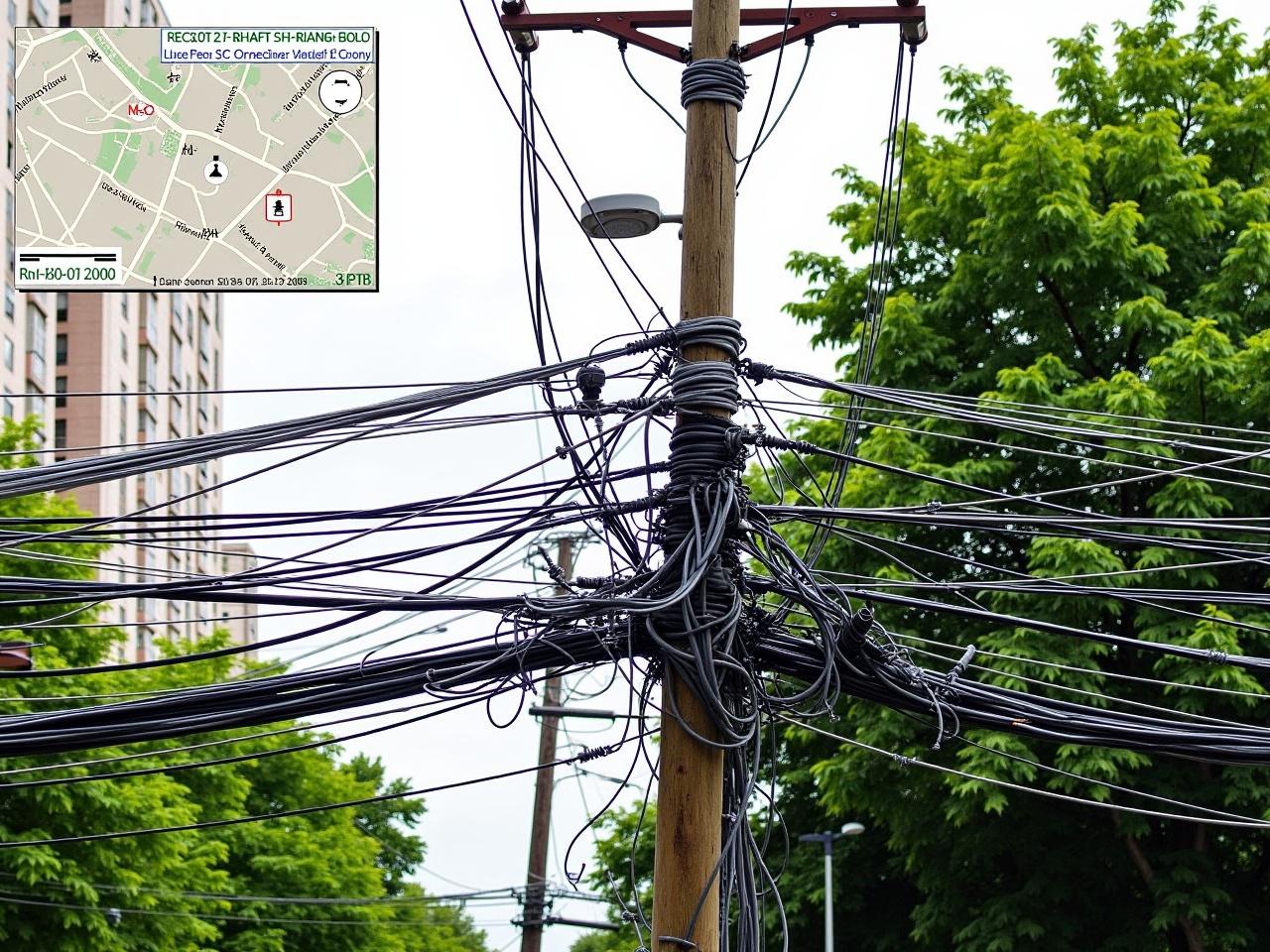 The image shows a chaotic arrangement of utility wires overhead, tangled and intertwined. Various cables hang from wooden utility poles, indicating a busy area likely with multiple connections. A map inset at the top left corner provides location details, including coordinates. Lush green trees surround the poles, contrasting with the gray of the wires. The setting appears to be an urban area with tall buildings visible in the background. The time and date are noted at the top, suggesting the photo was taken recently.