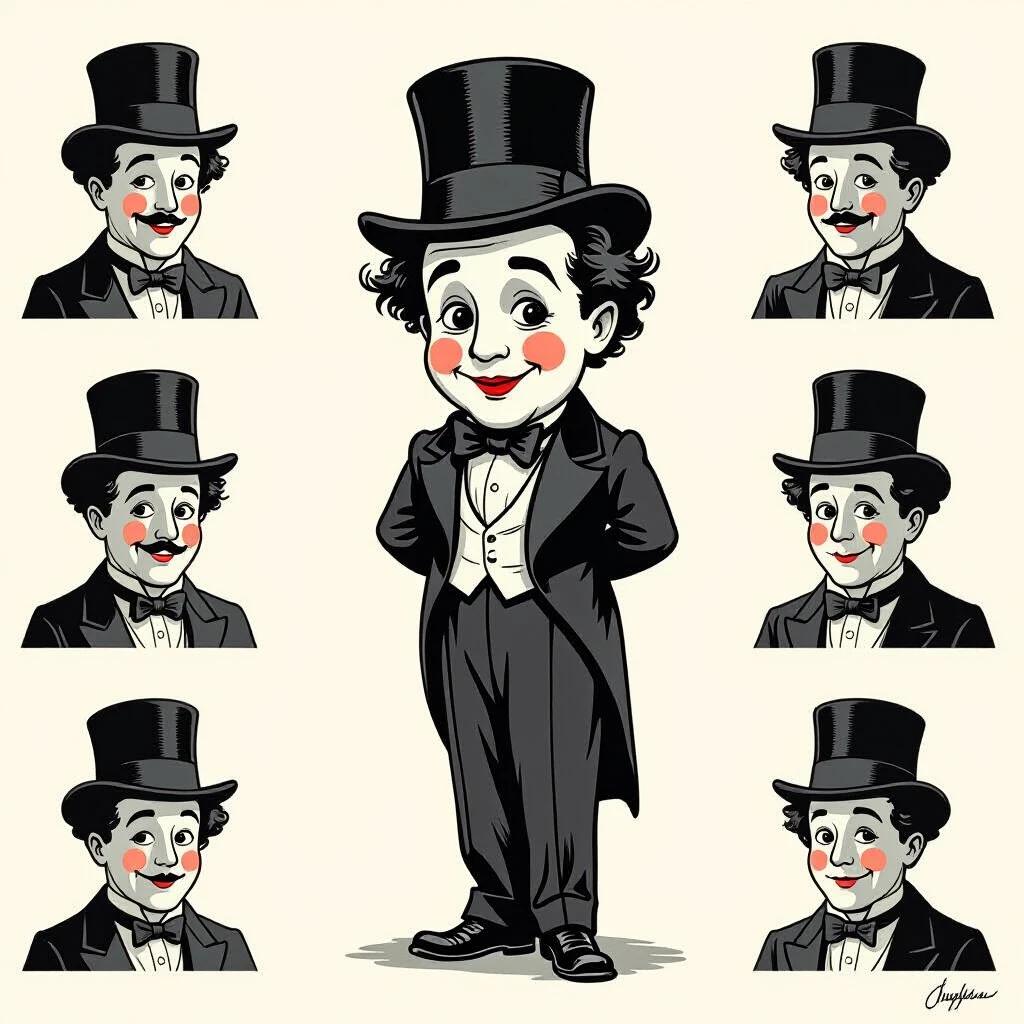 An artistic illustration of a classic film character resembling a famous entertainer. The character wears a top hat and tuxedo in a vintage style. Several depictions of the character surround a central figure.