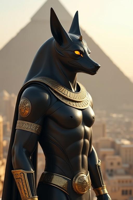 Futuristic city with ancient Egyptian architectural style featuring a giant pyramid. A massive figure with a jackal head in high-tech clothing and gold elements. The setting includes pyramidal structures with soft lighting.