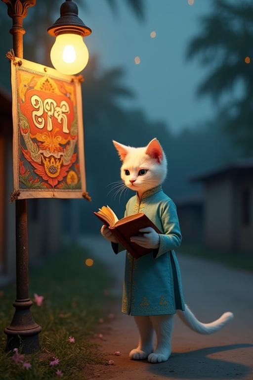 Cozy ultra-HD 4K cinematic scene at dusk in a quiet village. White Chinese cat stands on two legs dressed in blue Bengali kurta. Cat holds a thick book illuminated by lamppost. Colorful poster on lamppost with Bengali text. Background shows village road mud houses starry sky and fireflies. Hyper-detailed fur of cat and realistic book textures.