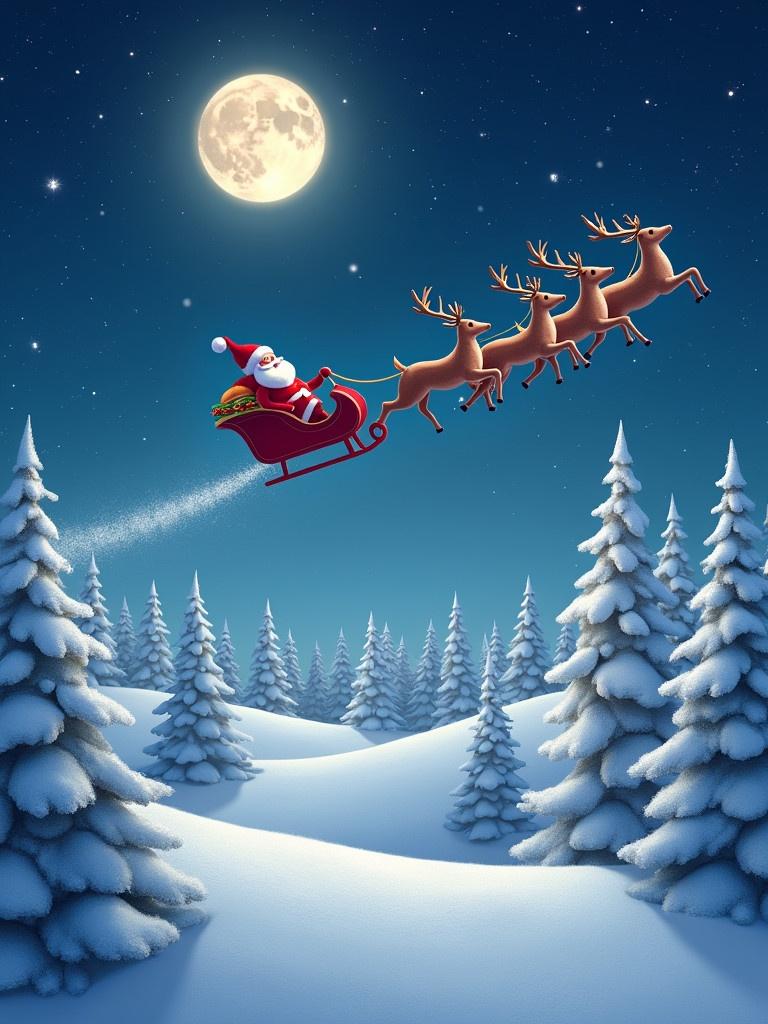 A whimsical Christmas scene with Santa flying in a red sleigh. The background features snow-covered hills and Christmas trees. A full moon dominates the starry sky. Five reindeer pull the sleigh. Magic dust sparkles in the air. The sleigh carries a UFO Burger as a gift.