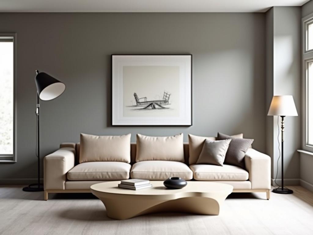 This image depicts a modern living room with a minimalist design. The walls are finished in a smooth gray texture, creating a stylish backdrop. A large, comfortable beige sofa is positioned in the center, inviting relaxation. Next to the sofa, a unique, sculptural coffee table is made of a light-colored material, complemented by a decorative object sitting atop it. An elegant floor lamp stands nearby, adding a touch of warmth to the space. Additionally, an artistic painting in black and white hangs on the wall, enhancing the contemporary aesthetic of the room.